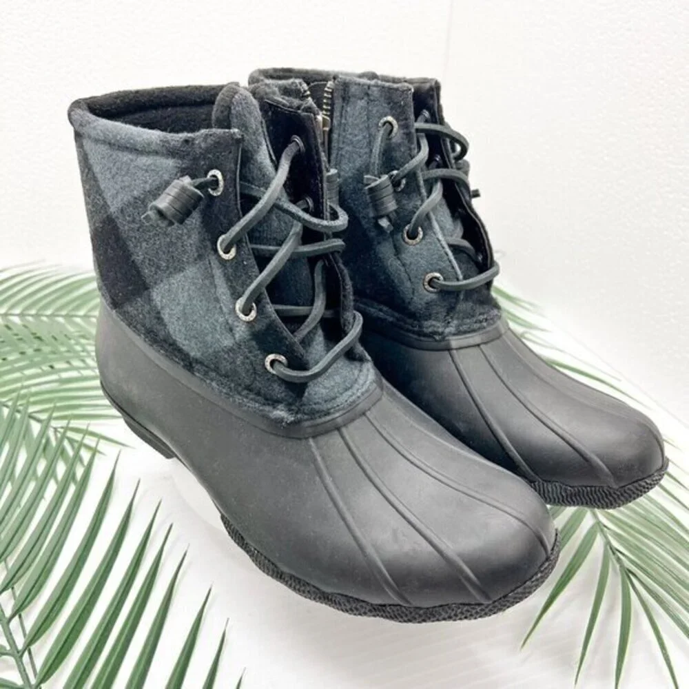 Sperry Saltwater Women’s Check Black Side Zip Lace UP Duck Boots Size 6 NWOB